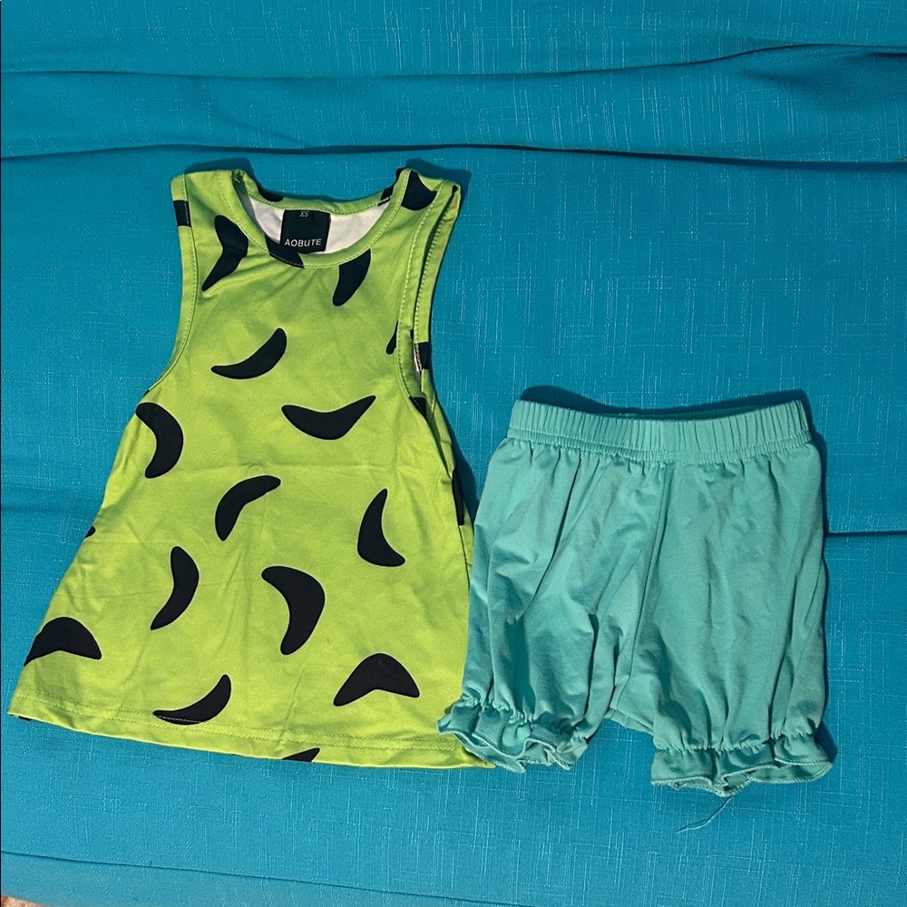 Green and Black Patterned Tank Top with Blue Shorts/ Pebbles Halloween Costume 🦴